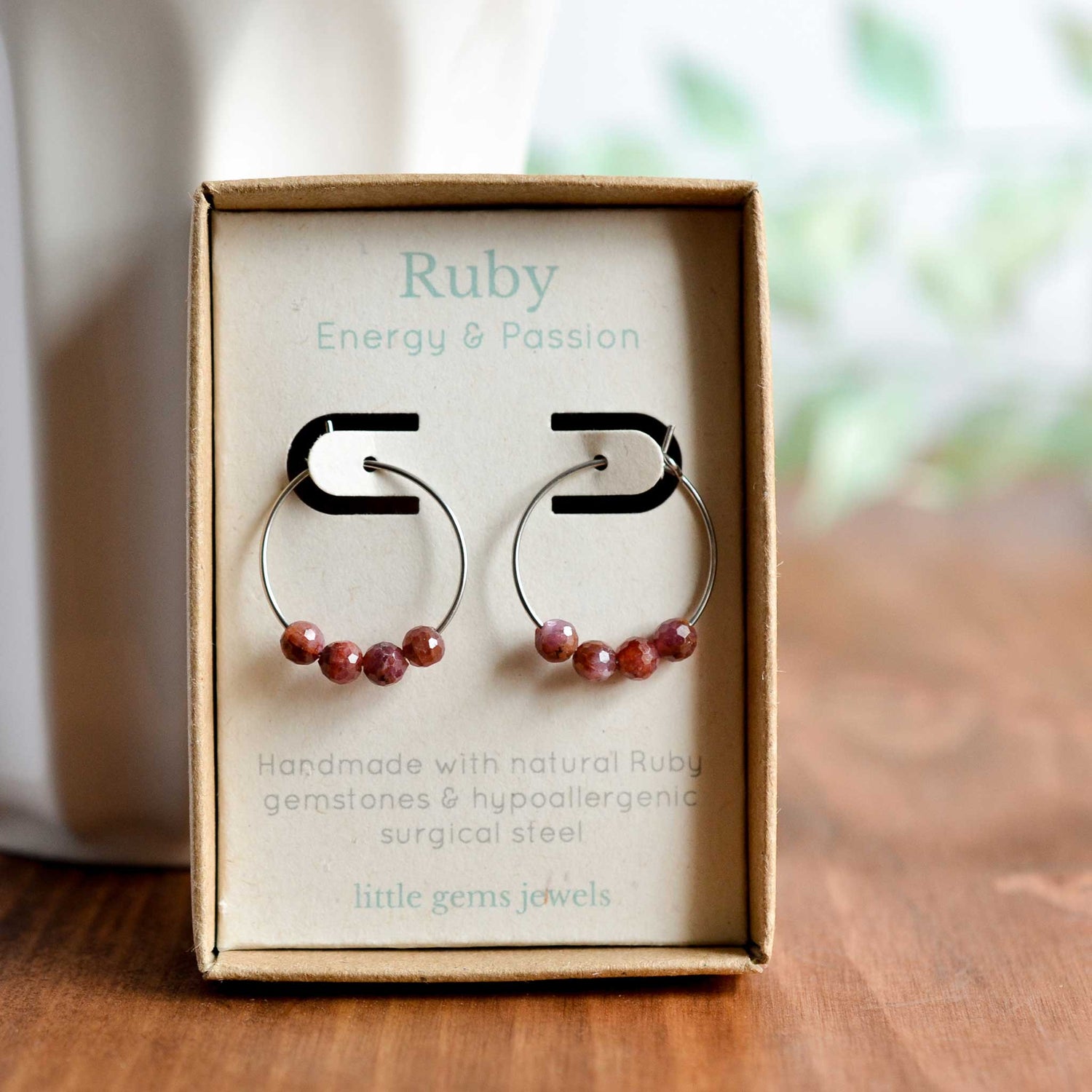 Ruby gemstone for energy and passion hoop earrings in eco-friendly gift box
