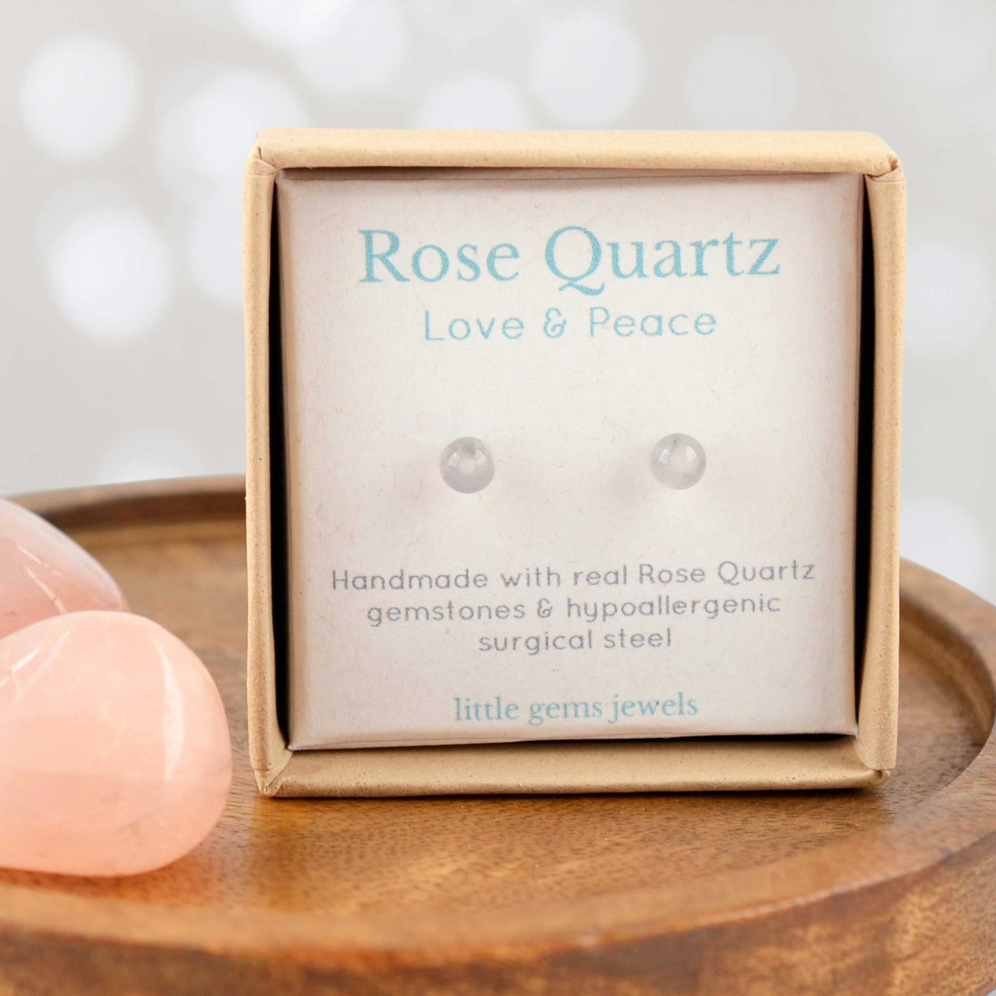 Rose Quartz gemstone for love & peace stud earrings in eco friendly gift box.
