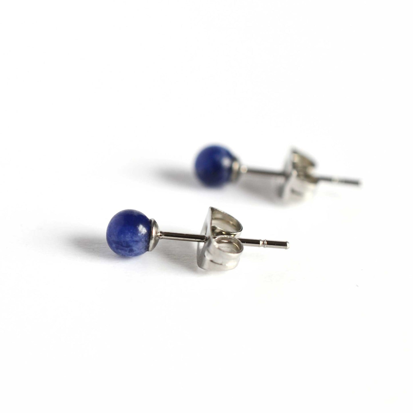Side view 4mm Sodalite ball stud earrings.