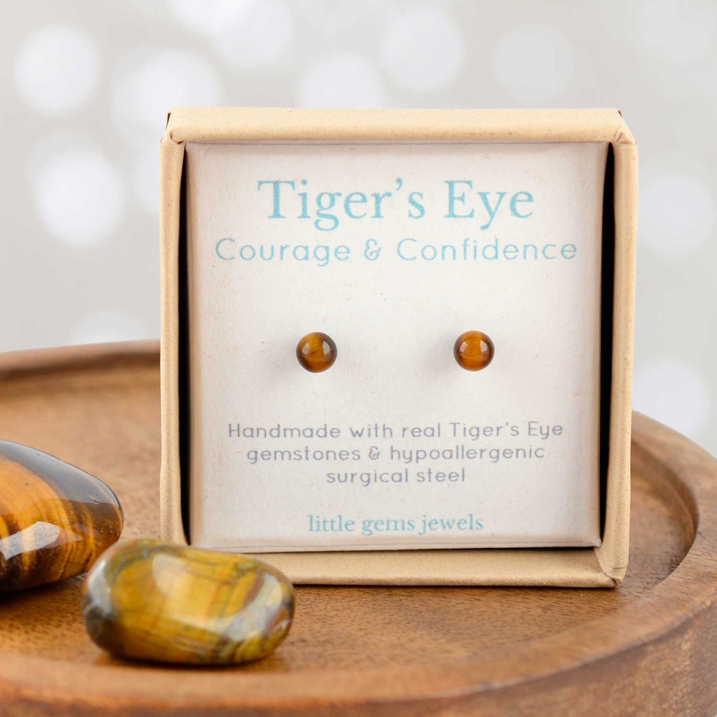 Tigers Eye for courage and confidence gemstone stud earrings in eco friendly gift box