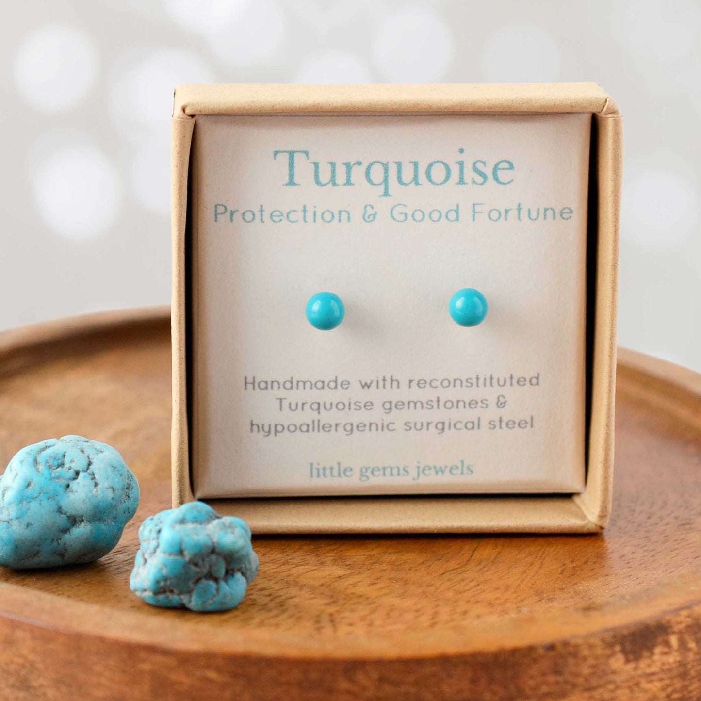 Turquoise gemstone for protection & good fortune stud earrings in eco friendly gift box.