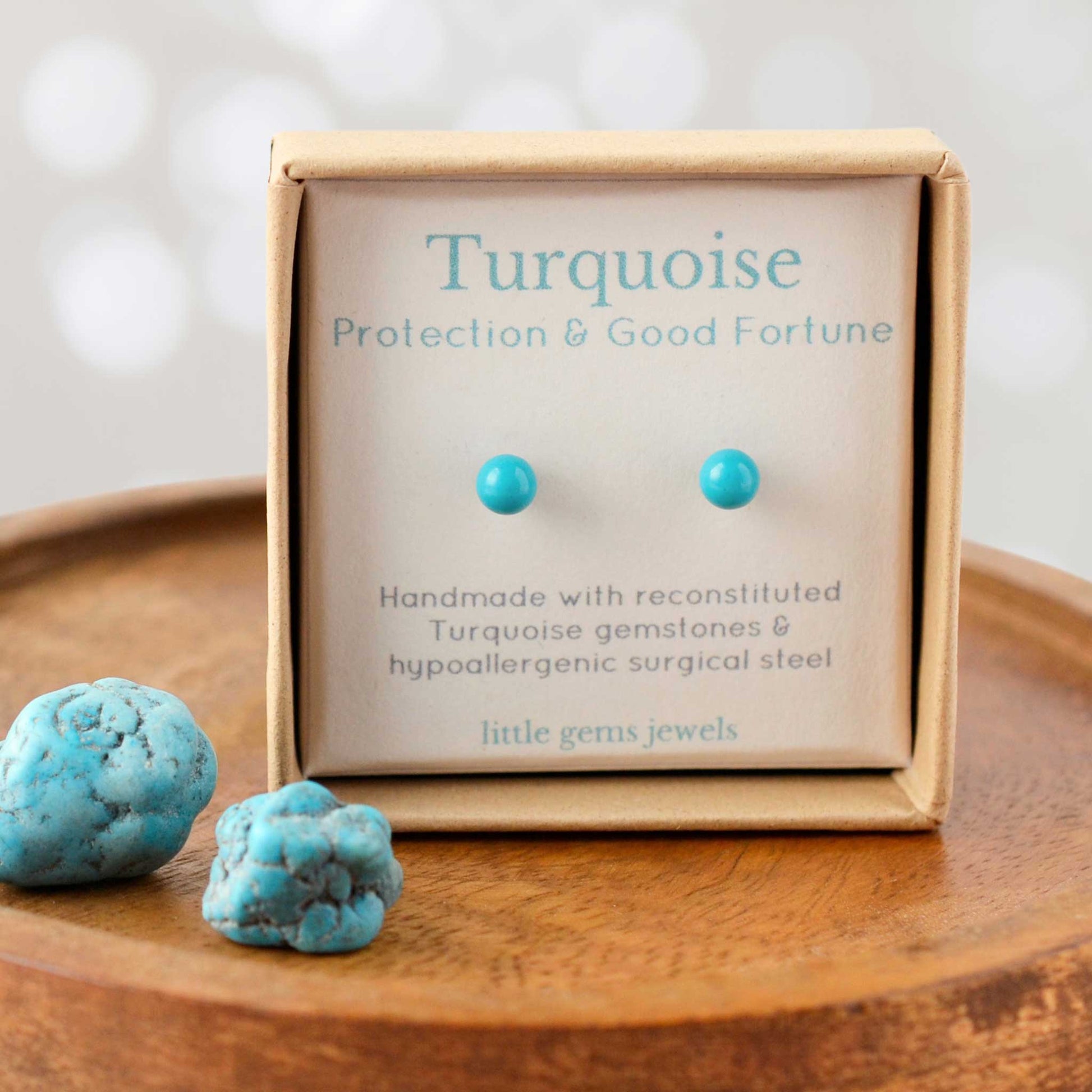 Turquoise gemstone for protection & good fortune stud earrings in eco friendly gift box.