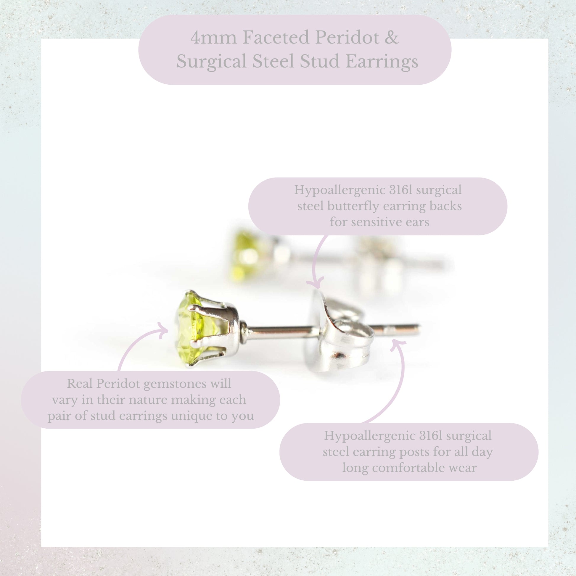 Product information graphic for 4mm faceted Peridot stud earrings