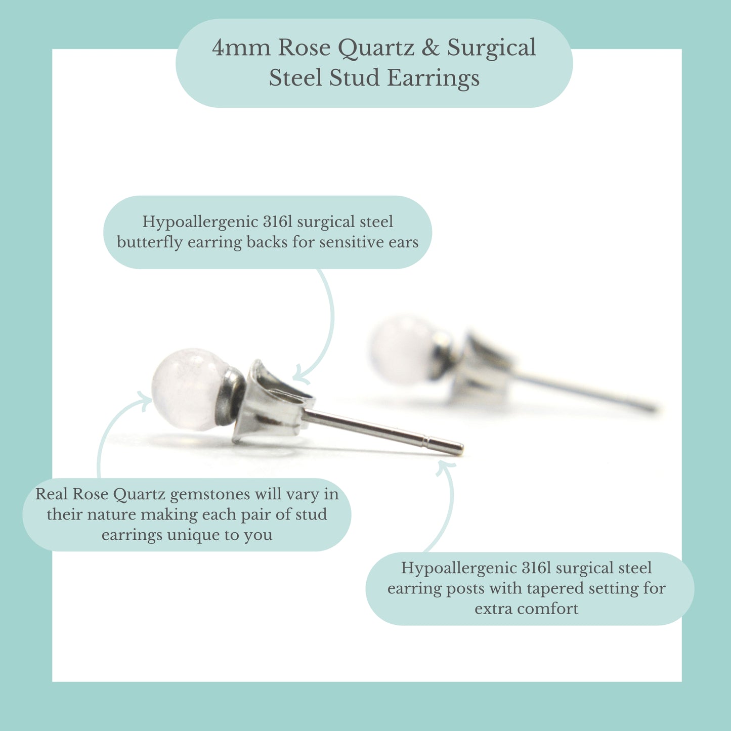Product information graphic for 4mm Rose Quartz & surgical steel stud earrings