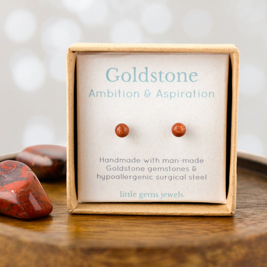 Goldstone for ambition & aspiration gemstone stud earrings in eco friendly gift box