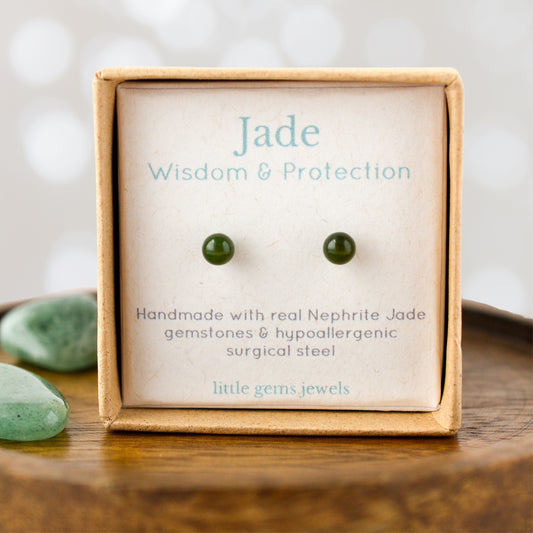 Jade gemstone for wisdom & protection stud earrings in eco friendly gift box.