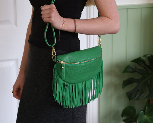 Romy Green Leather Half Moon Fringed Bag