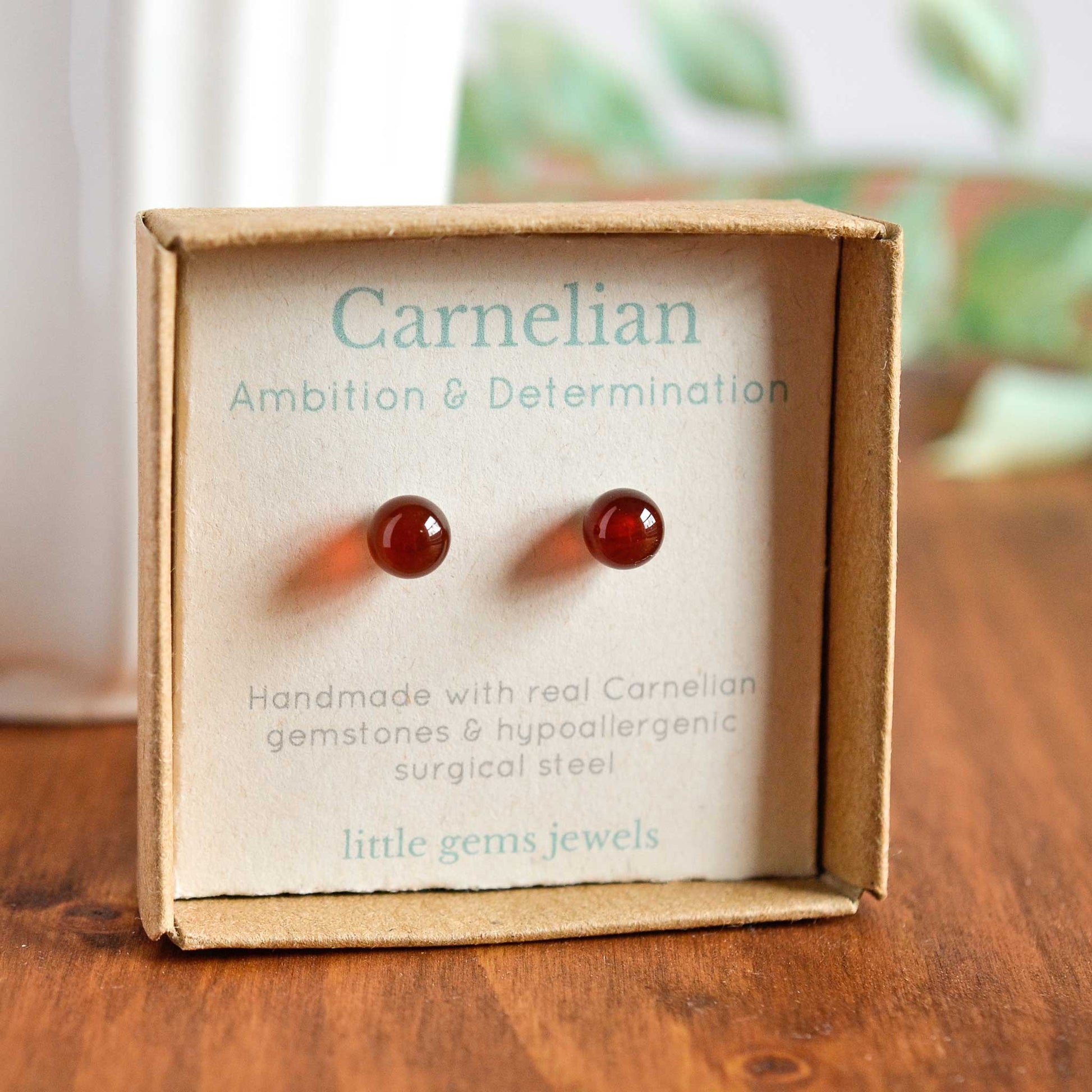 Carnelian ball stud earrings in eco friendly gift box