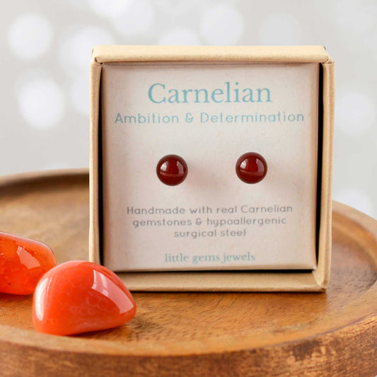 Carnelian gemstone for ambition & determination stud earrings in eco friendly gift box.