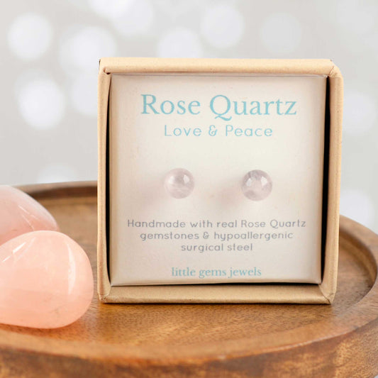 Rose Quartz gemstone for love & peace stud earrings in eco friendly gift box.