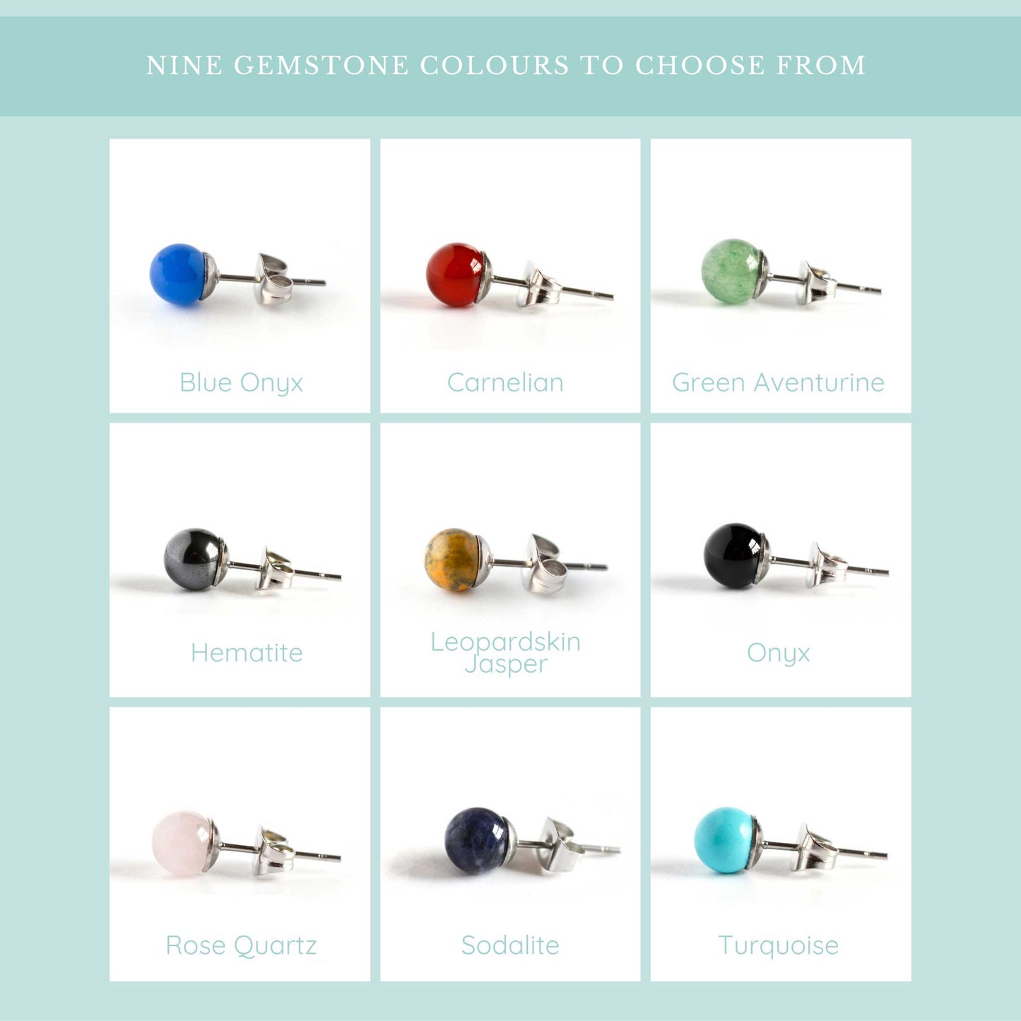 Graphic showing all nine gemstone options; Blue Onyx, Carnelian, Green Aventurine, Hematite, Leopardskin Jasper, Onyx, Rose Quartz, Sodalite & Turquoise.