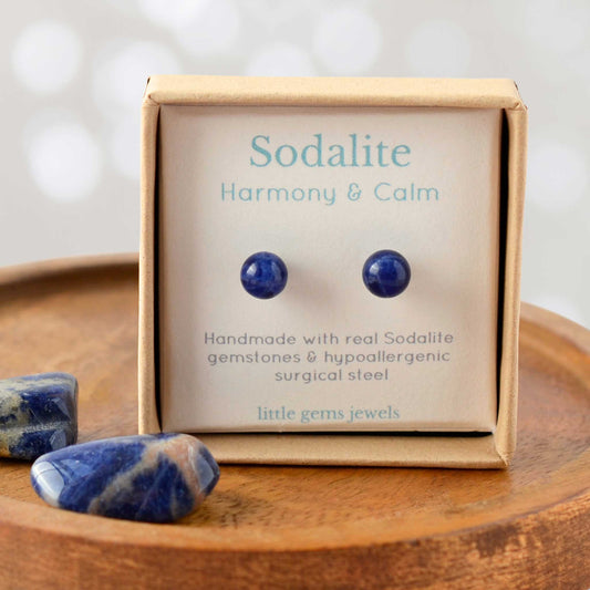 Sodalite gemstone for harmony & calm gemstone stud earrings in eco friendly gift box.