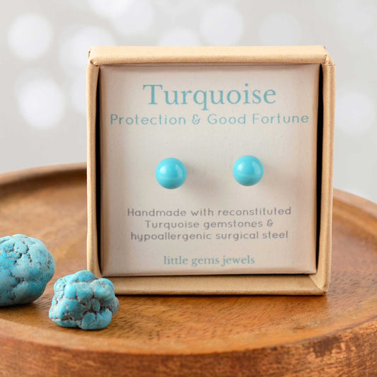 Turquoise gemstone for protection & good fortune stud earrings in eco friendly gift box.