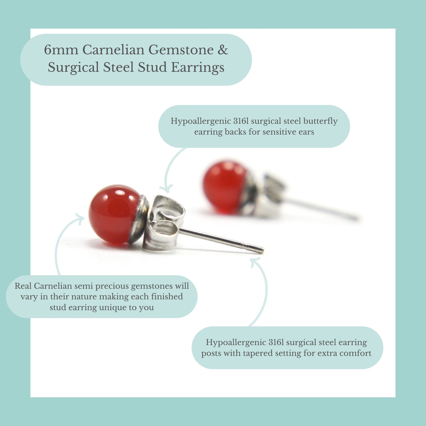6mm Carnelian Gemstone & Surgical Steel Stud Earrings Product Information Graphic