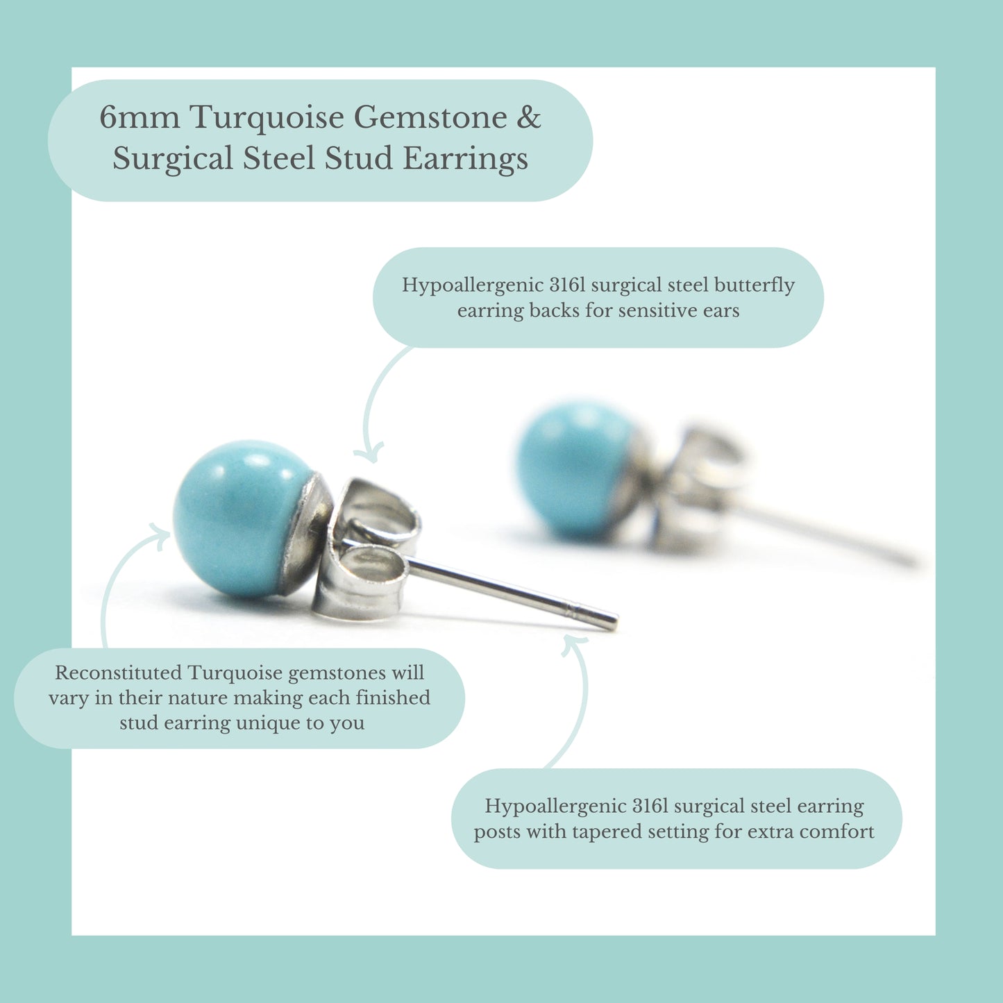 6mm Turquoise Gemstone & Surgical Steel Stud Earrings Product Information Graphic