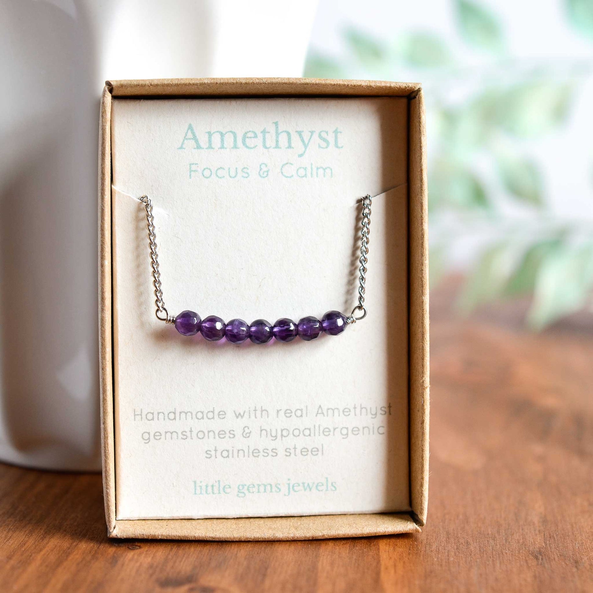 Amethyst gemstone bar necklace in gift box
