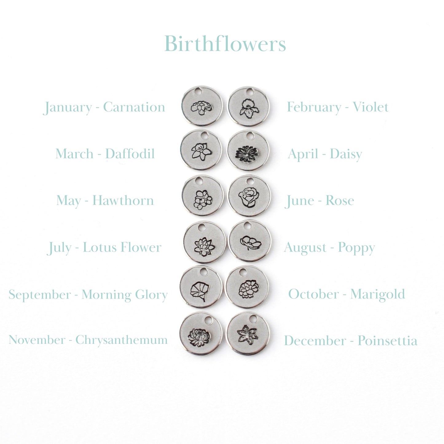 Handstamped birthflower charms for every birth month.