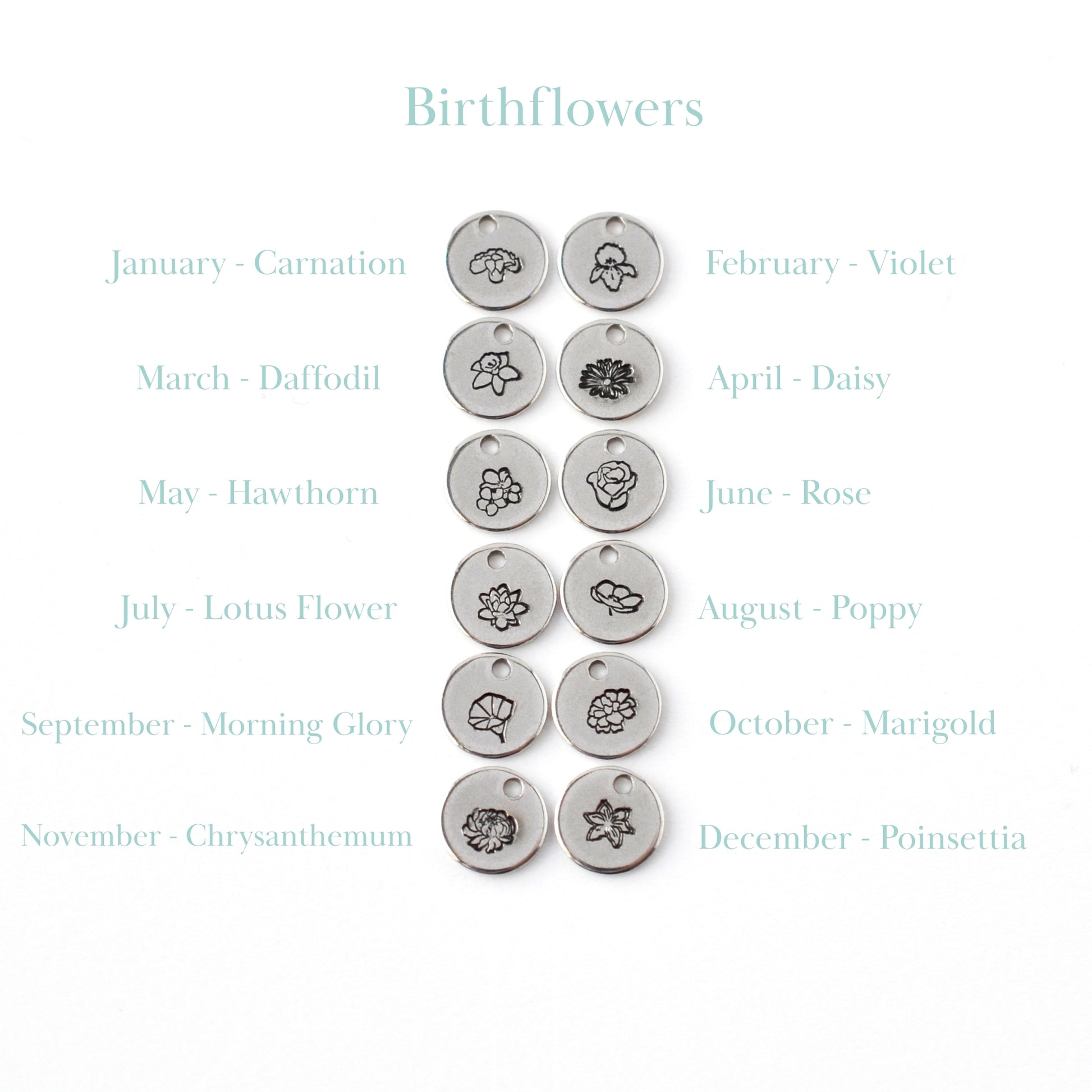 Handstamped birthflower charms for every birth month.
