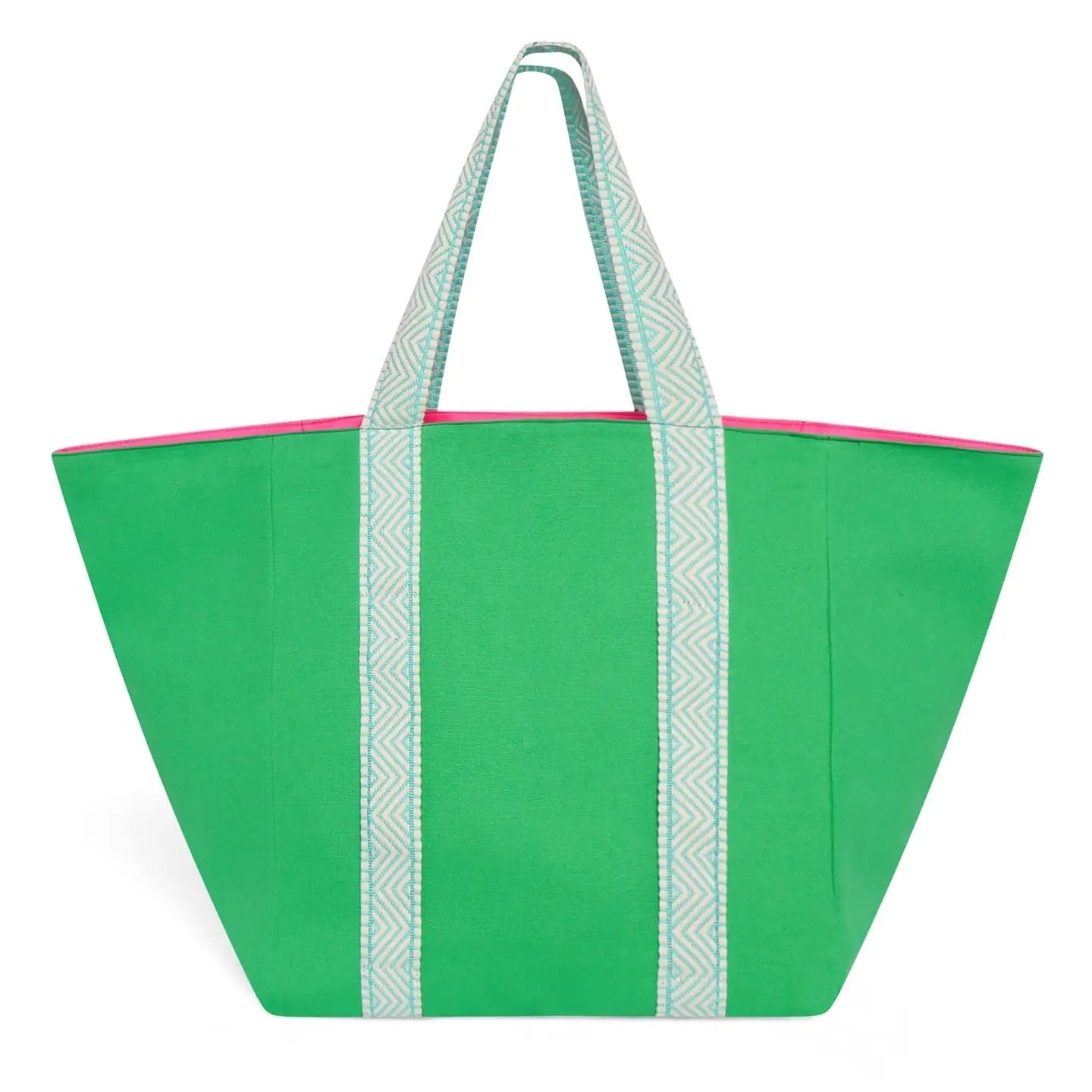 Green tote bag with white handle straps on a white background