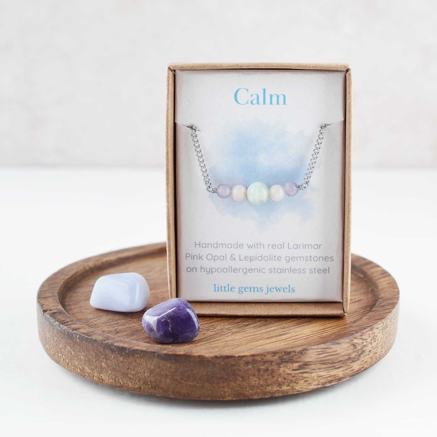 Gemstones for calm bracelet in eco friendly gift box