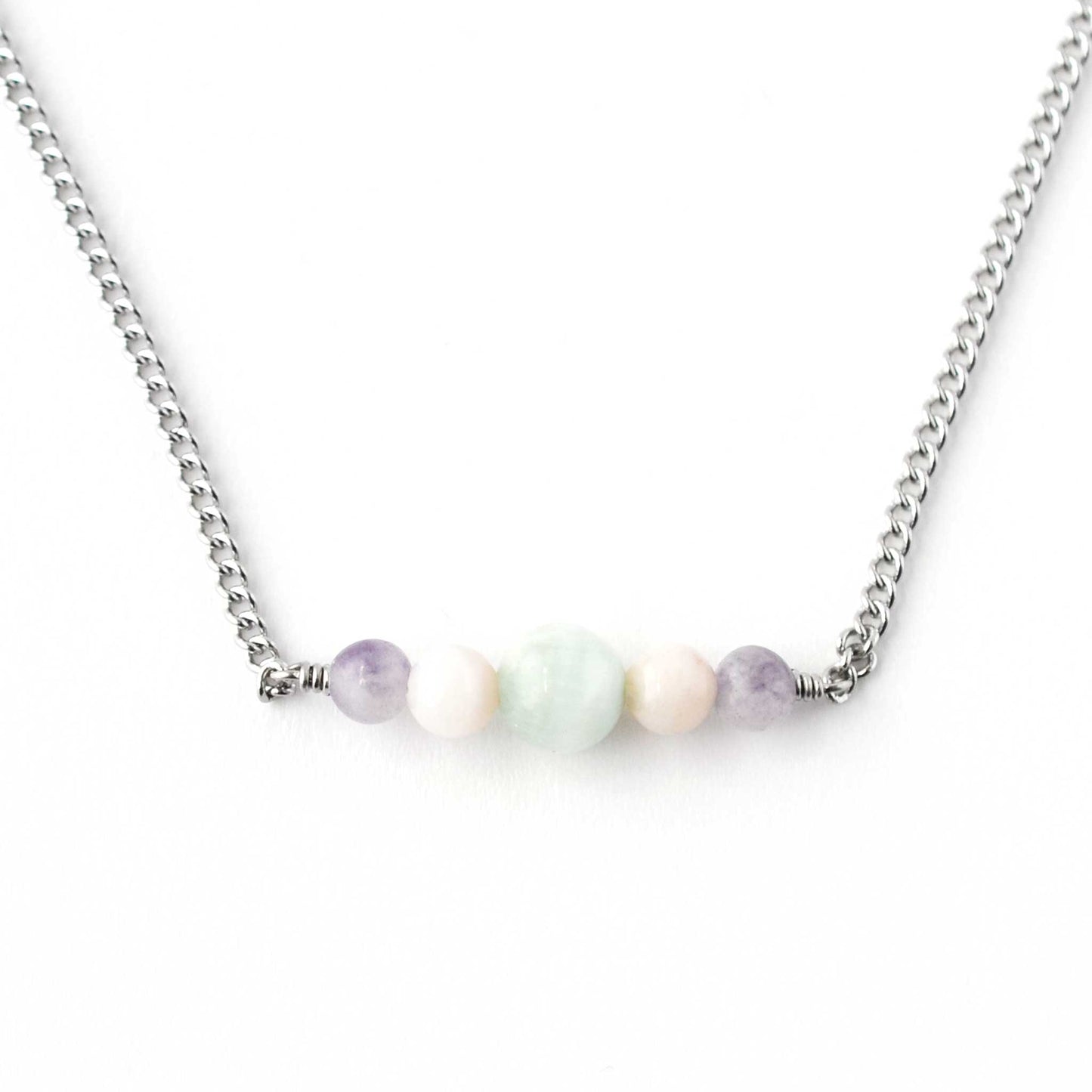Pastel gemstone bar necklace on hypoallergenic stainless steel chain