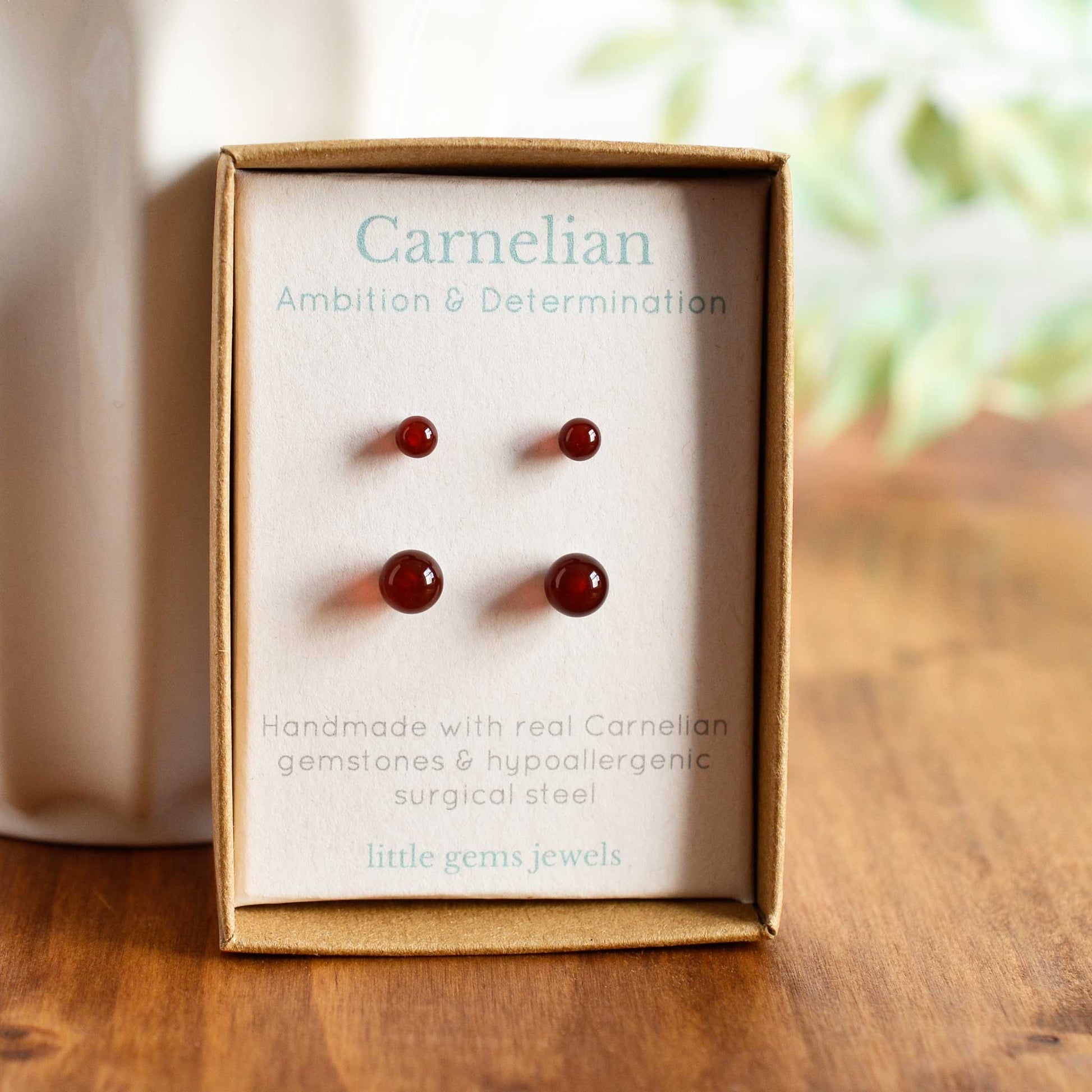 4mm & 6mm Carnelian gemstone stud earrings in eco friendly gift box