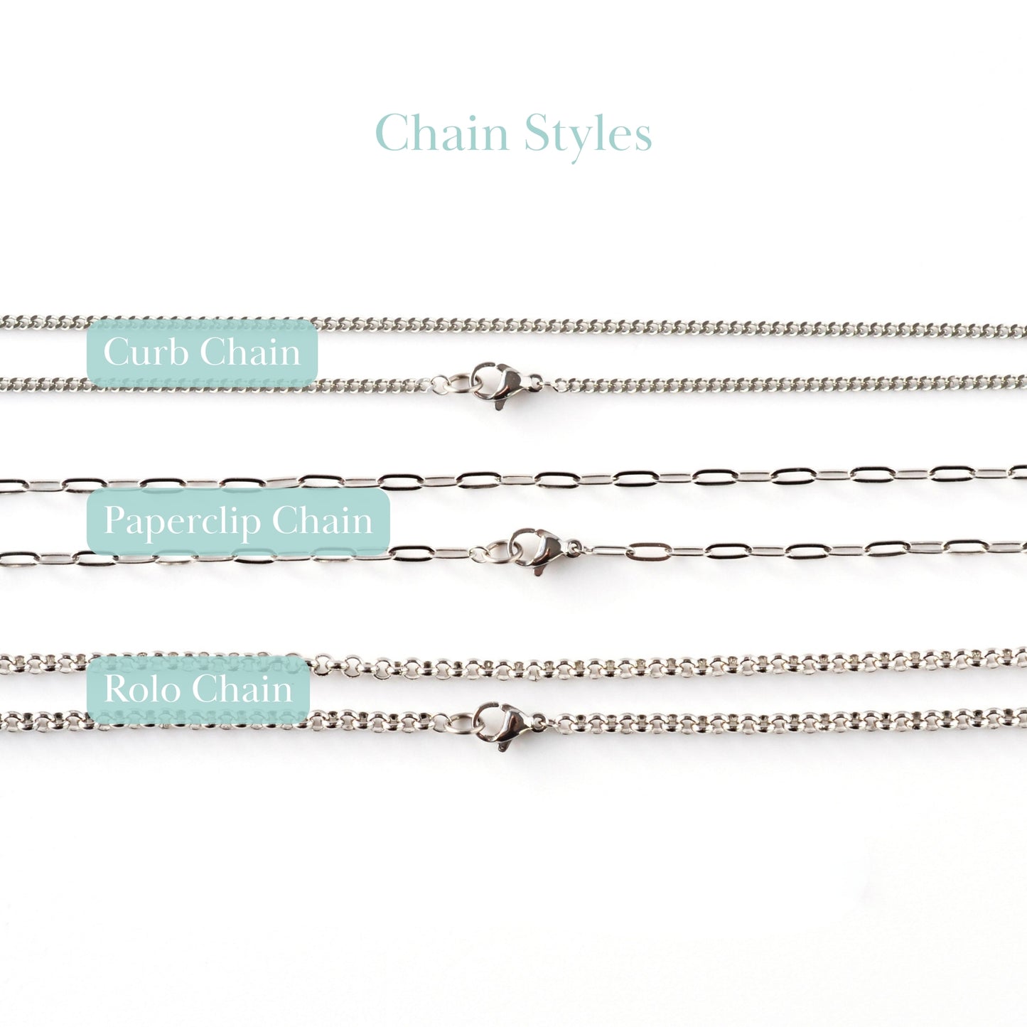 Close up of curb chain, paperclip chain and rolo chain.