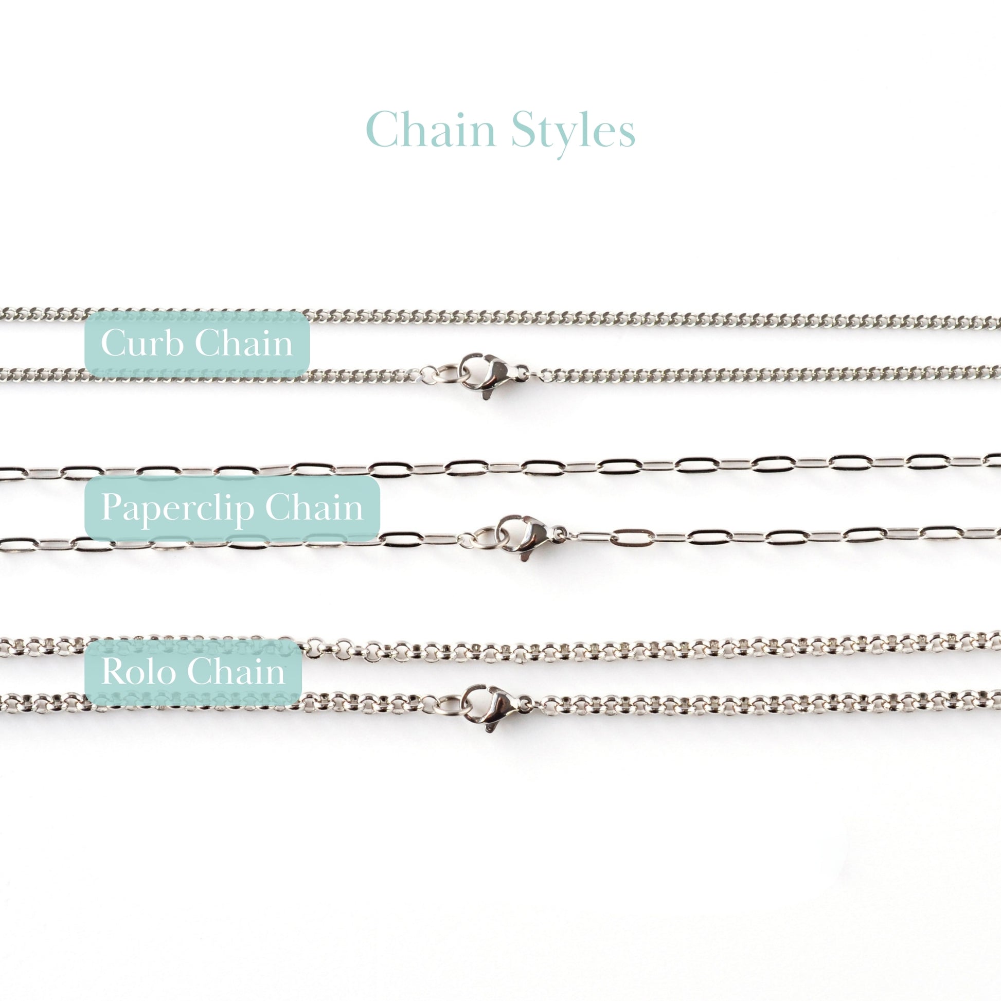 Close up of curb chain, paperclip chain and rolo chain.