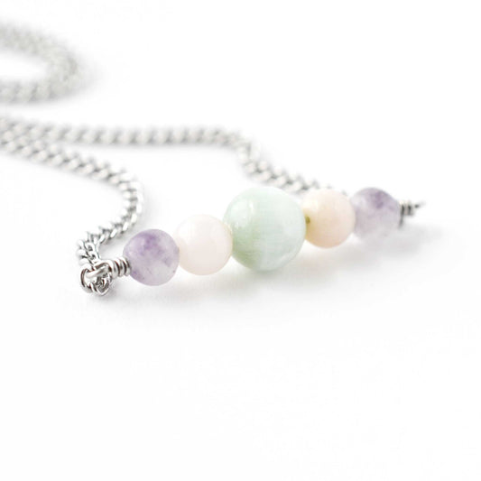 Close Up Of Larimar, Pink Opal & Lepidolite gemstone beads on stainless steel necklace