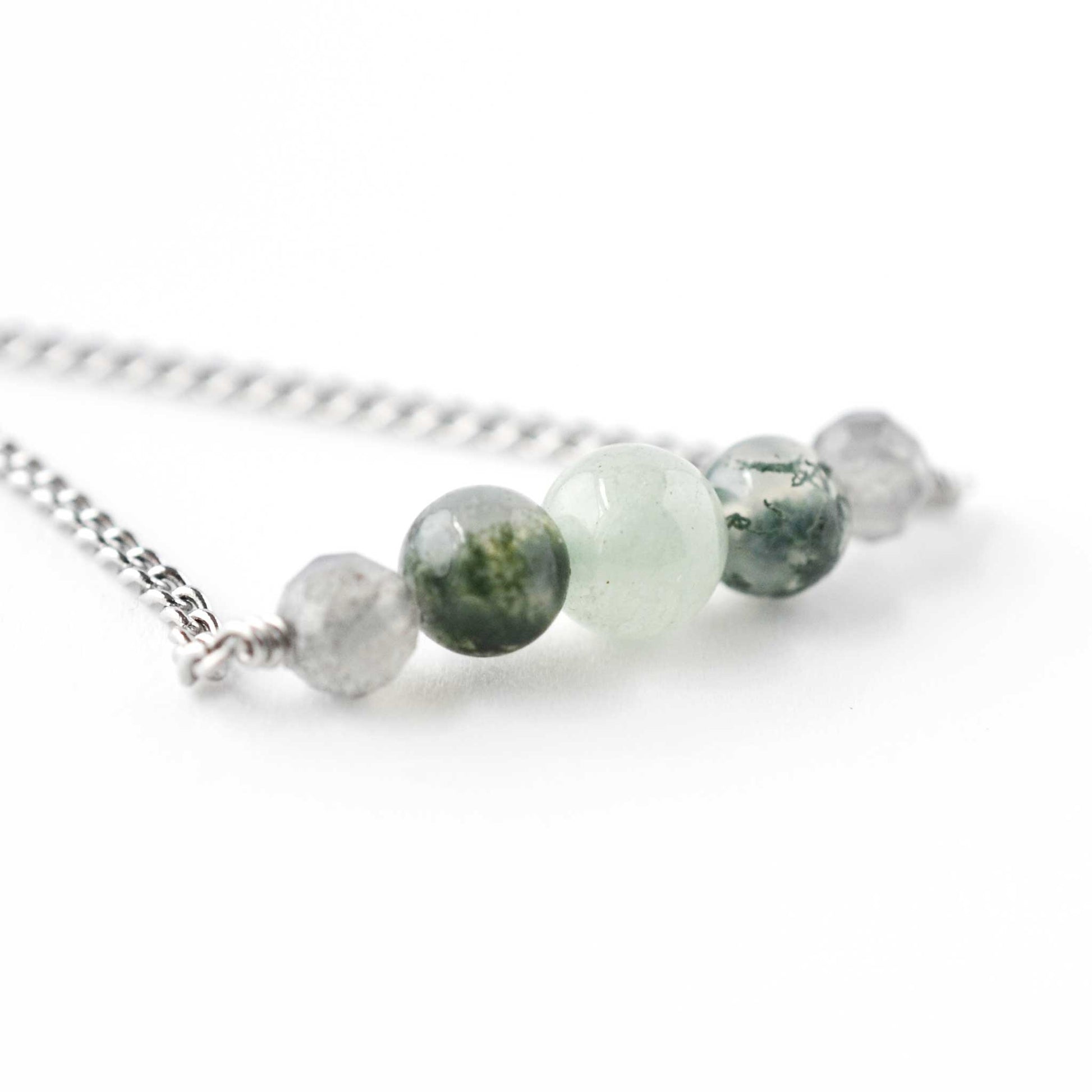 Close up of Labradorite, Moss Agate & Green Aventurine gemstone beads on stainless steel necklace