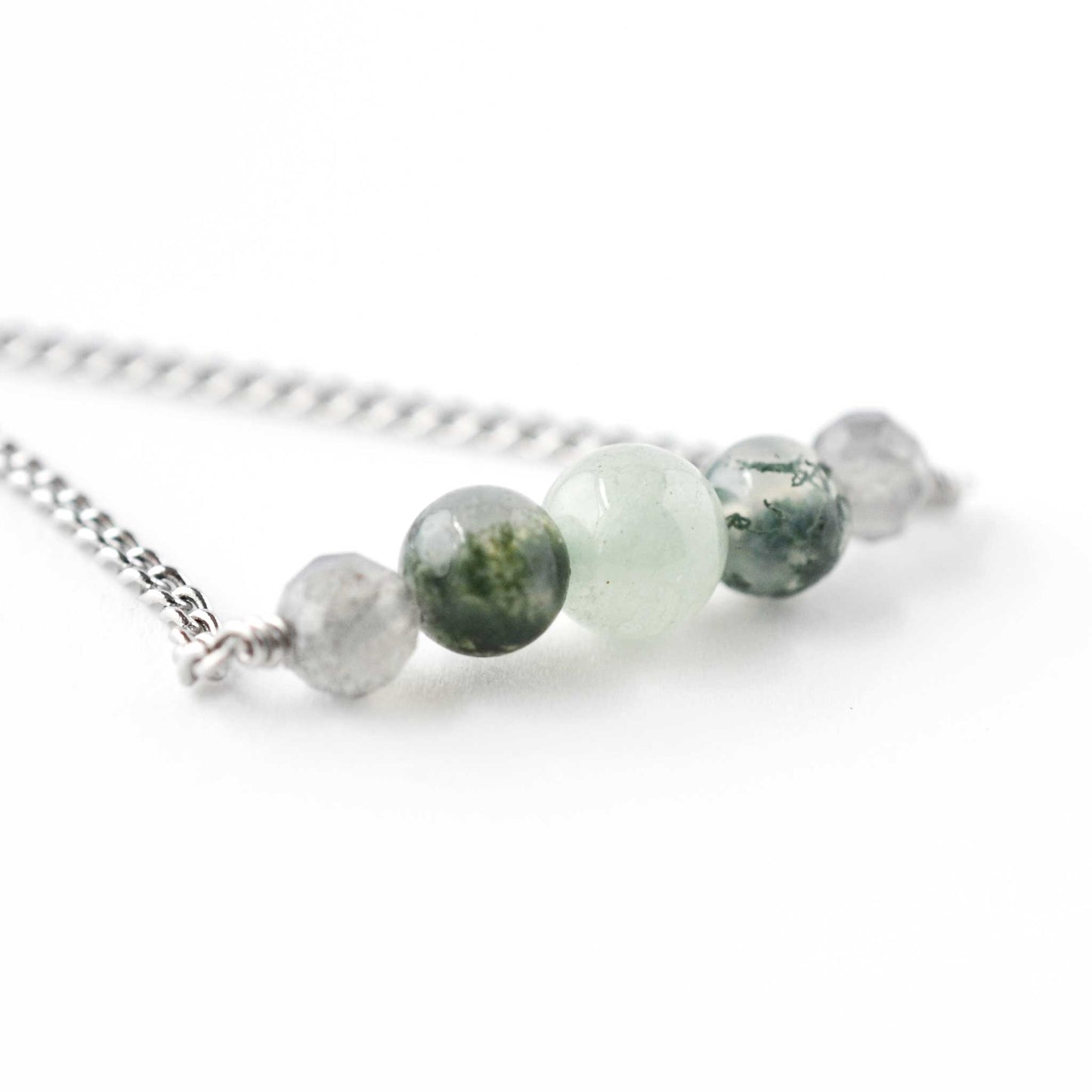 Close up of Labradorite, Moss Agate & Green Aventurine gemstones