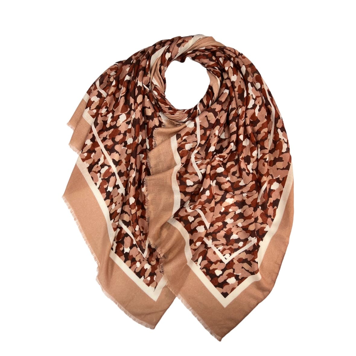 Patterned scarf with brown and beige design on a white background