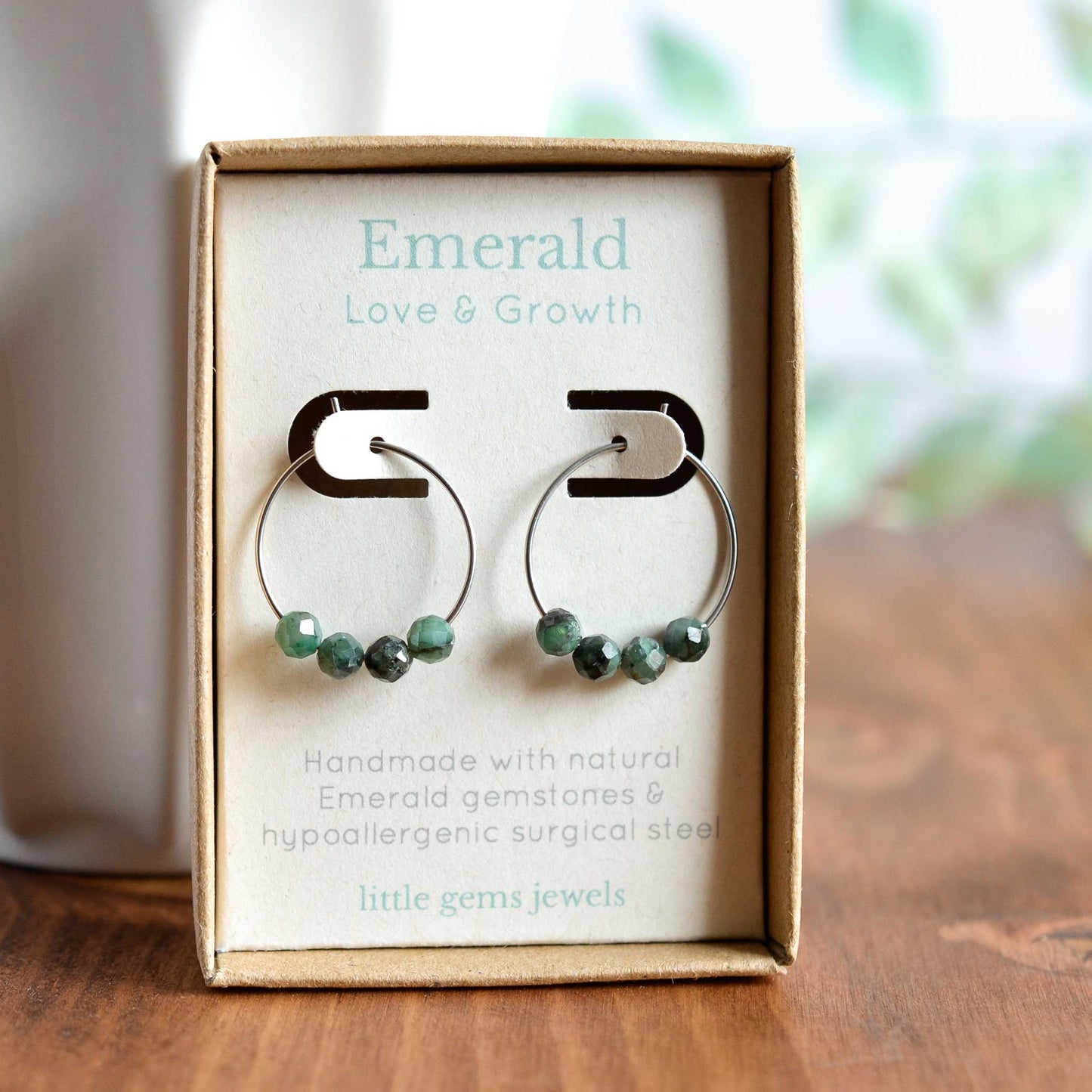 Emerald gemstone hoop earrings in eco friendly gift box