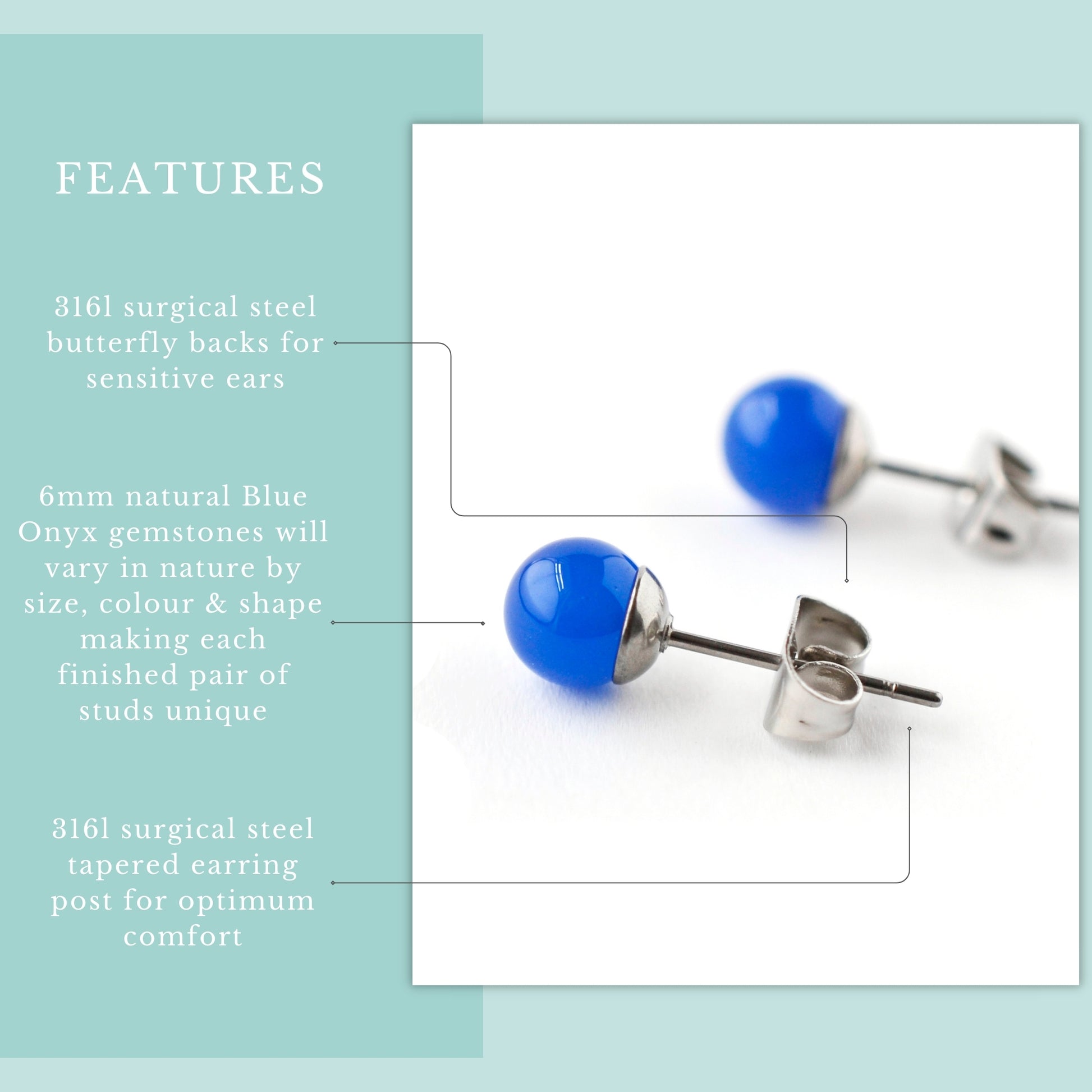 Product features graphic 6mm Blue Onyx stud earrings with real semi precious gemstones and hypoallergenic surgical steel for sensitive ears.