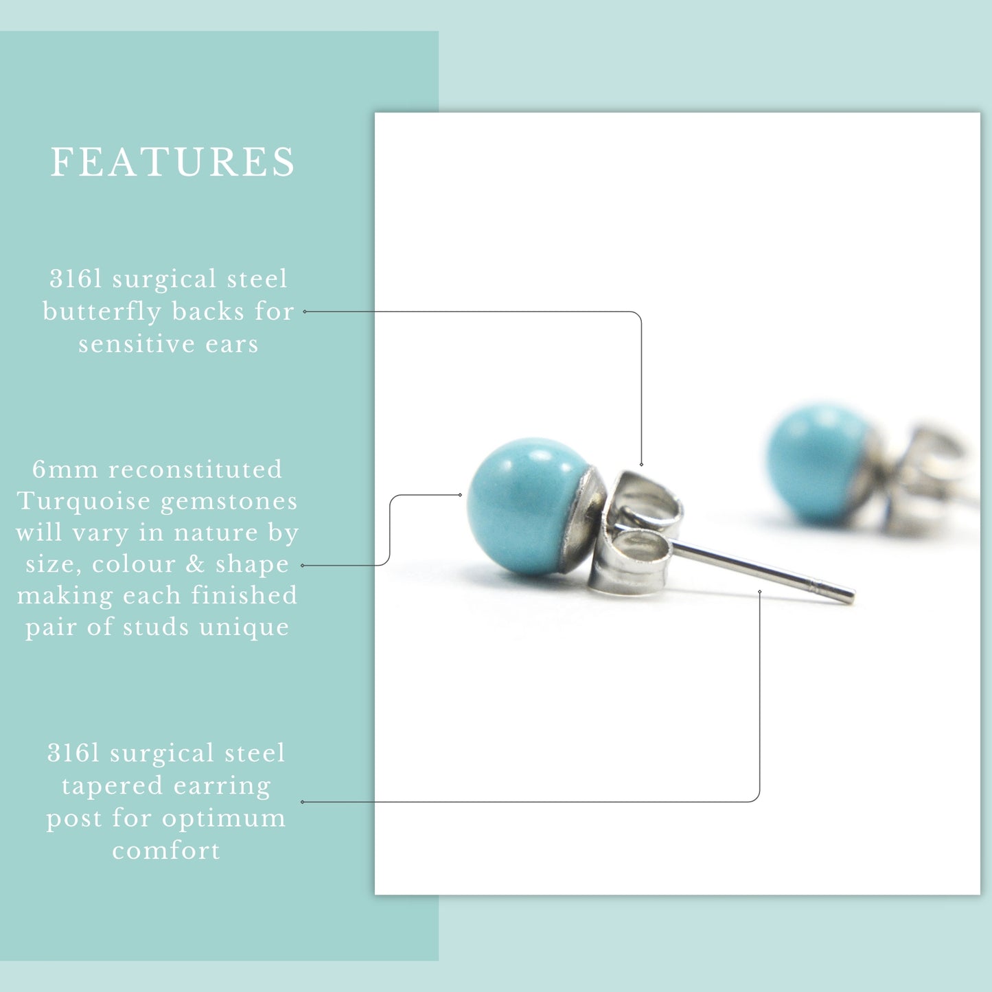 Product features graphic 6mm Turquoise stud earrings with reconstituted gemstones and hypoallergenic surgical steel for sensitive ears.