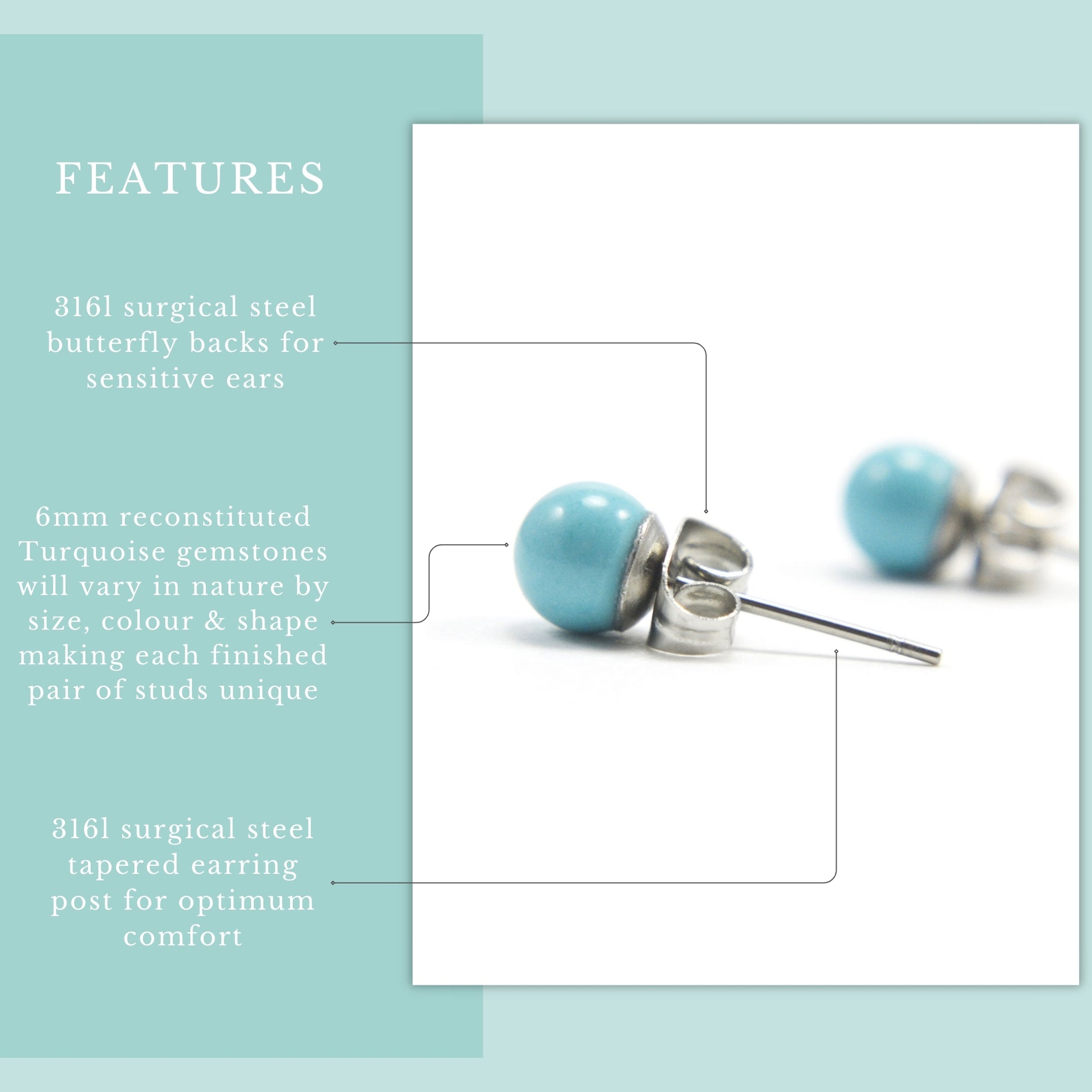 Product features graphic 6mm Turquoise stud earrings with reconstituted gemstones and hypoallergenic surgical steel for sensitive ears.