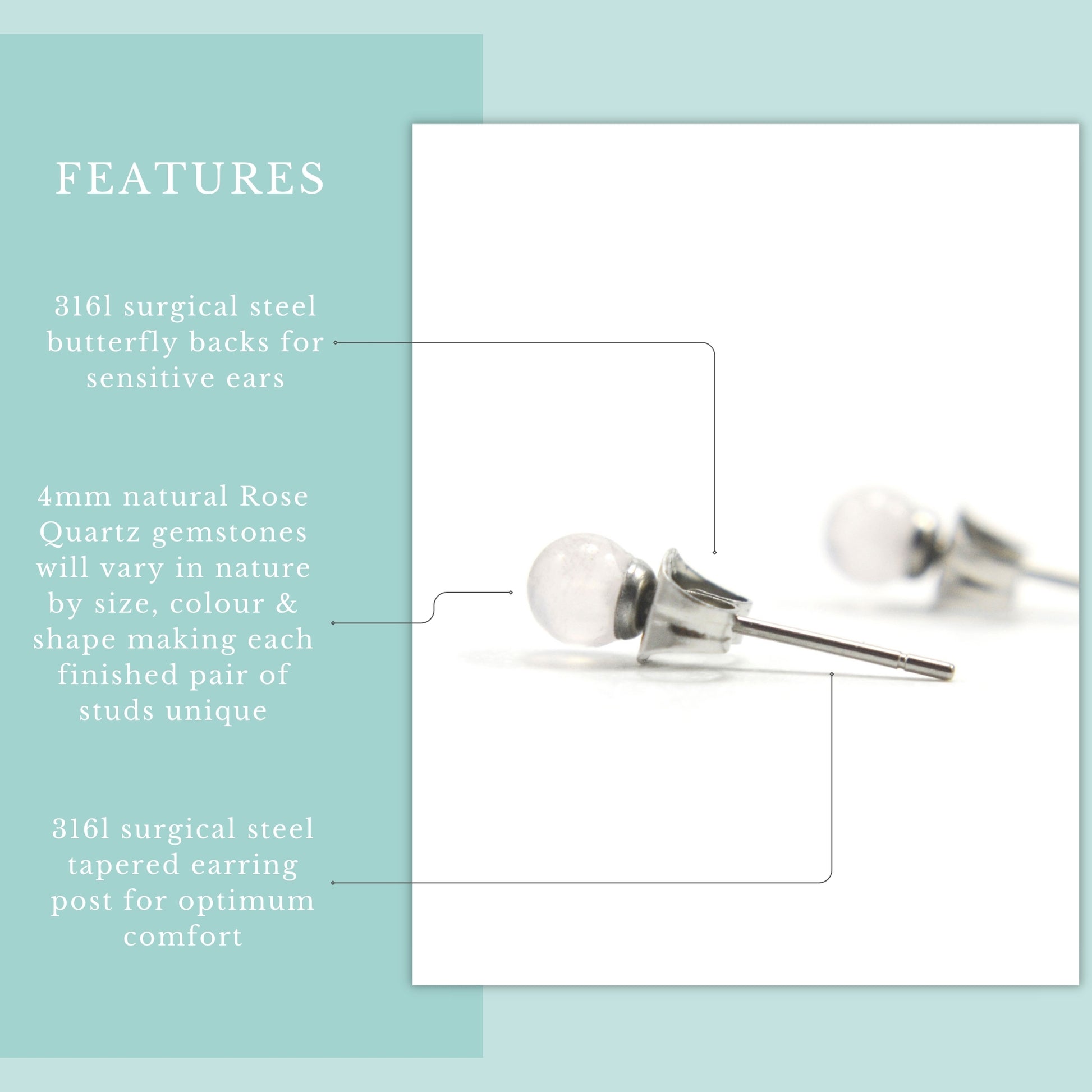 Product features graphic 4mm Rose Quartz stud earrings with real gemstones and hypoallergenic surgical steel.