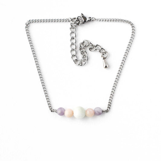 Larimar, Pink Opal & Lepidolite adjustable bracelet on white background