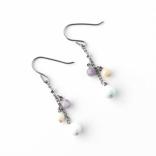 Flatlay Larimar, Pink Opal & Lepidolite gemstone bead drop earrings on white background