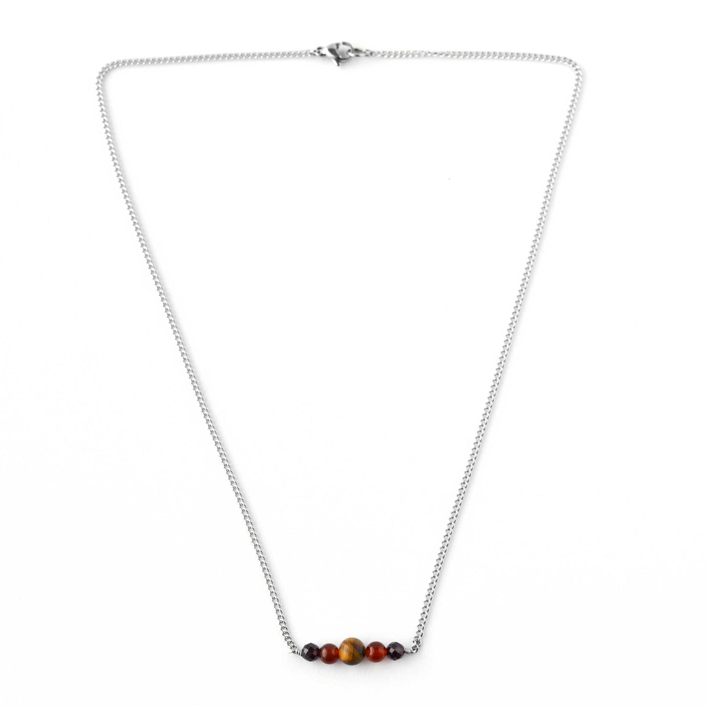 Flatlay of 18" dainty gemstone bead necklace on stainless steel chain with lobster clasp