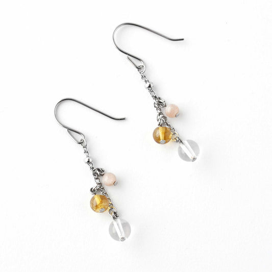 Flatlay Rock Crystal, Citrine & Sunstone gemstone drop earrings on white background