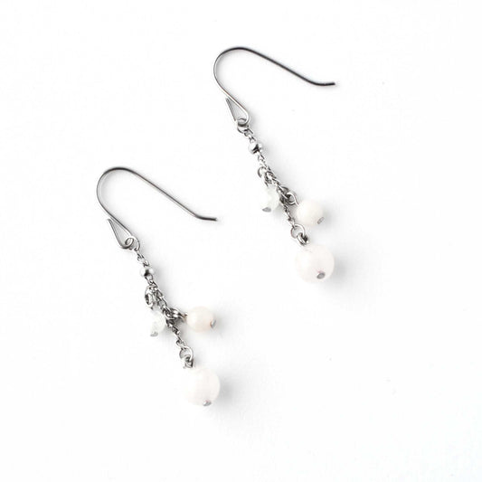 Flatlay Rose Quartz, Pink Opal & Rainbow Moonstone drop earrings on white background