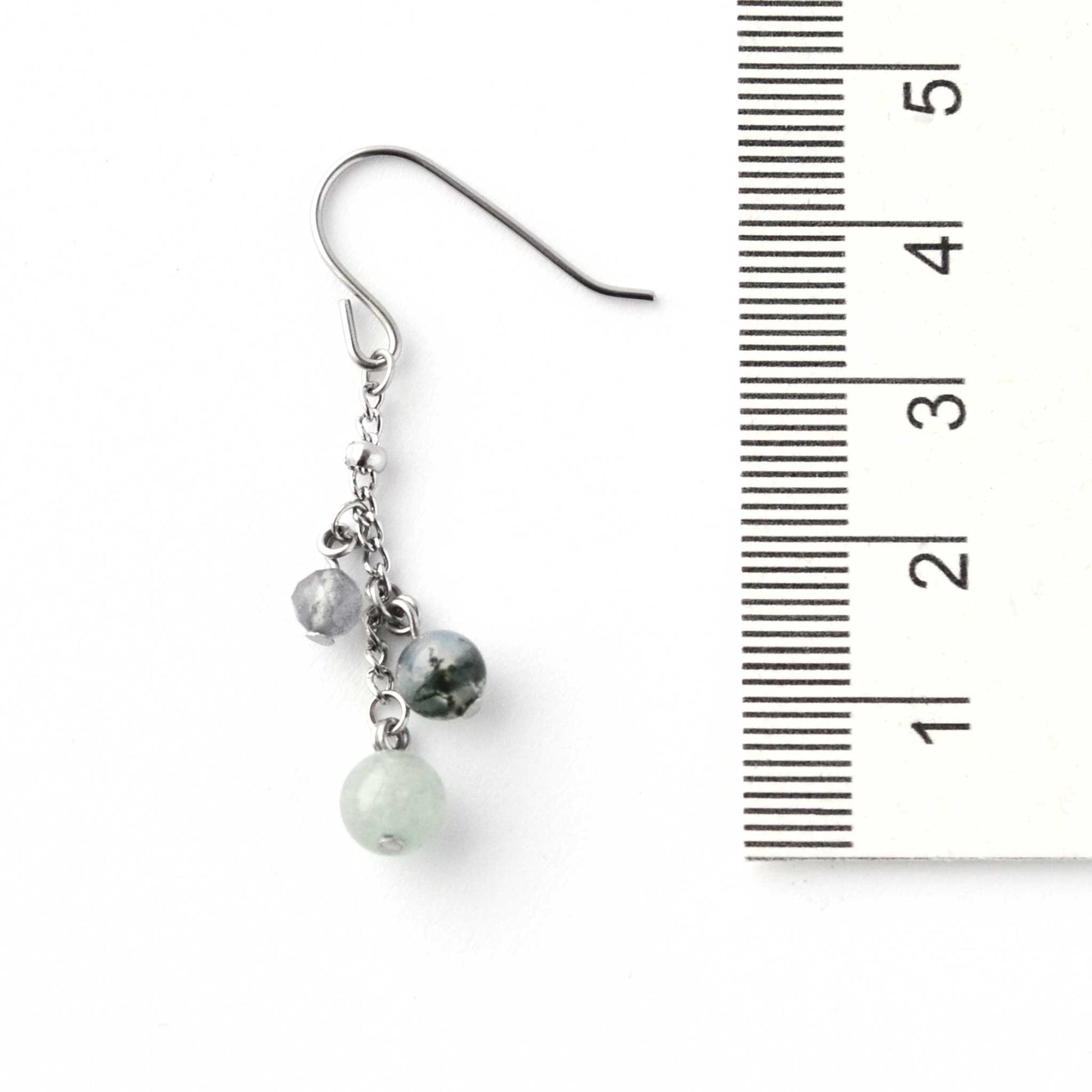 Green gemstone drop earring next to ruler showing 4.5cm length