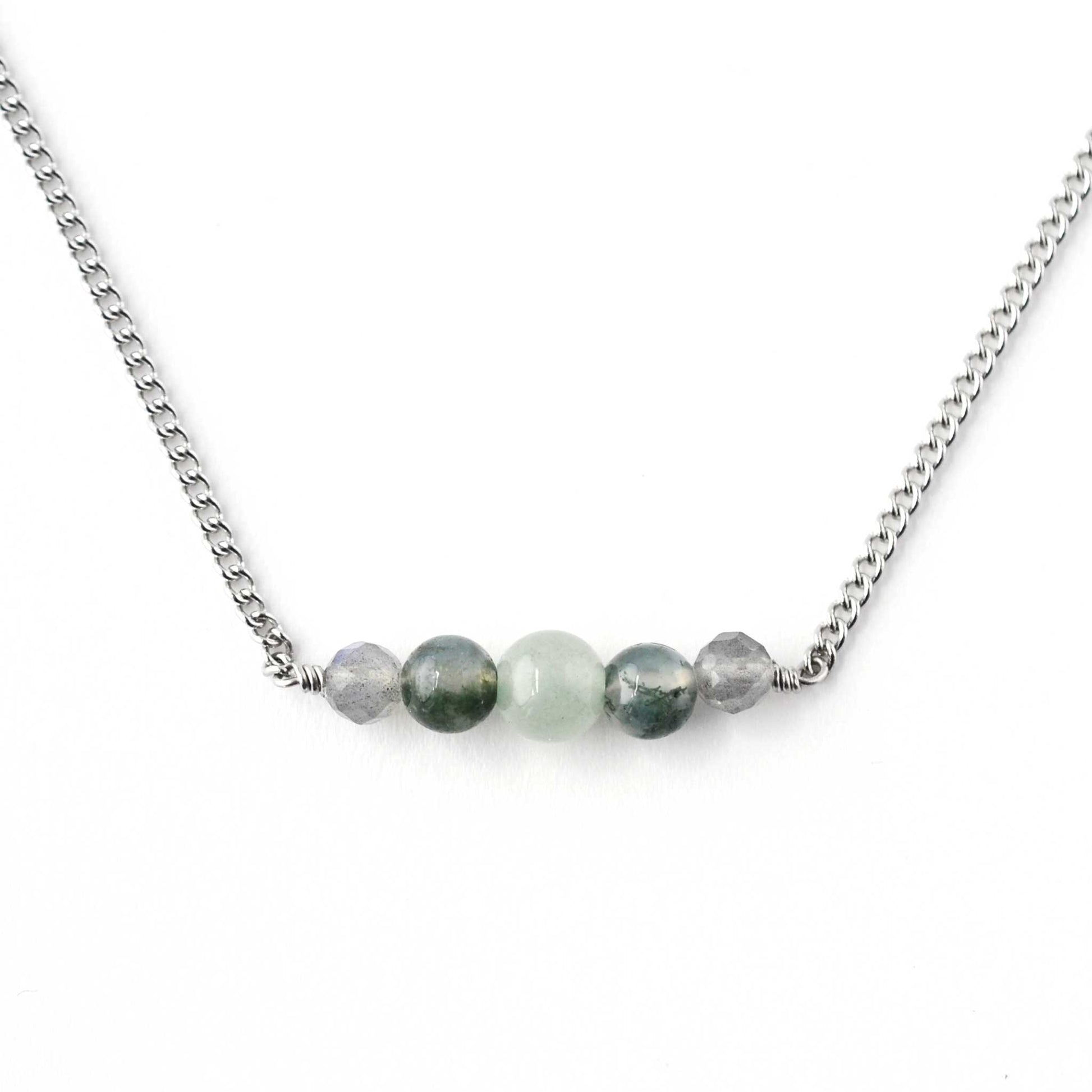 Green Aventurine, Moss Agate & Labradorite gemstone necklace on white background