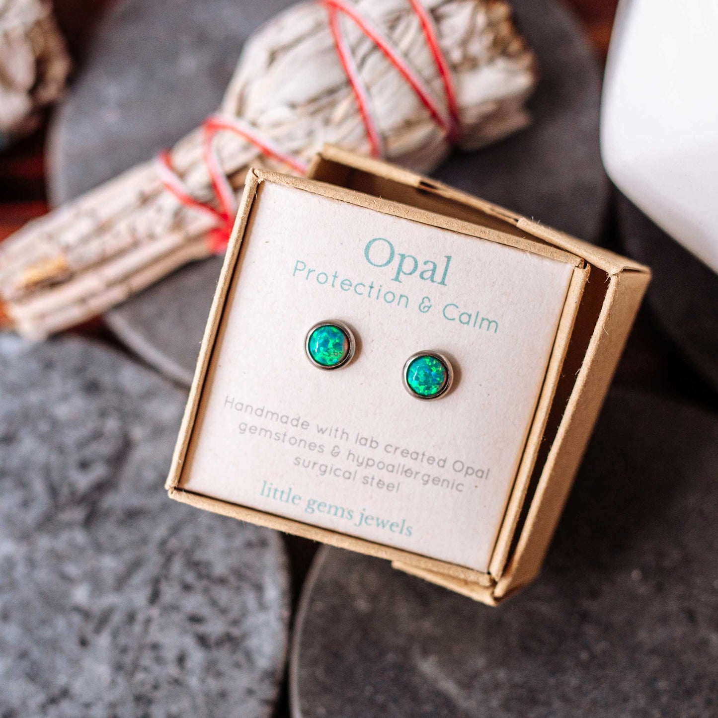 Green lab created Opal stud earrings in gift box
