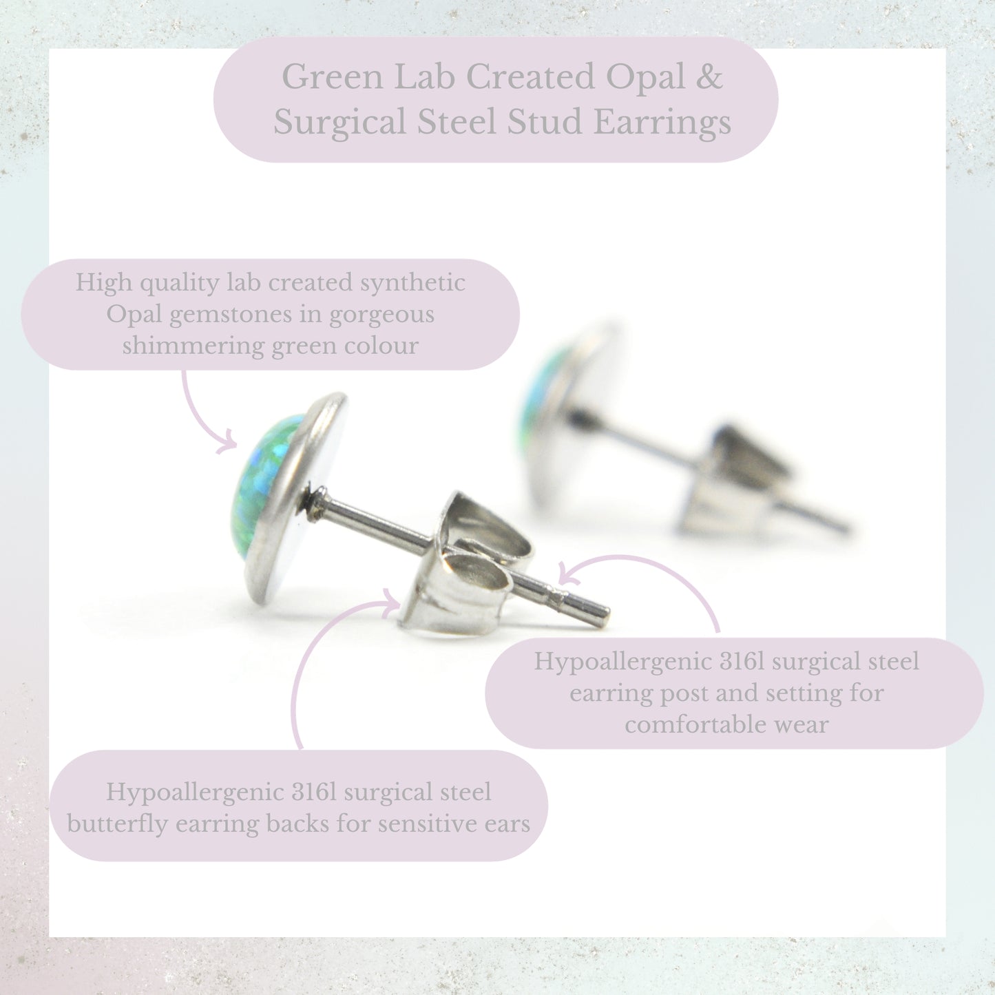 Green Lab Created Opal & Surgical Steel Stud Earrings Product Information Graphic