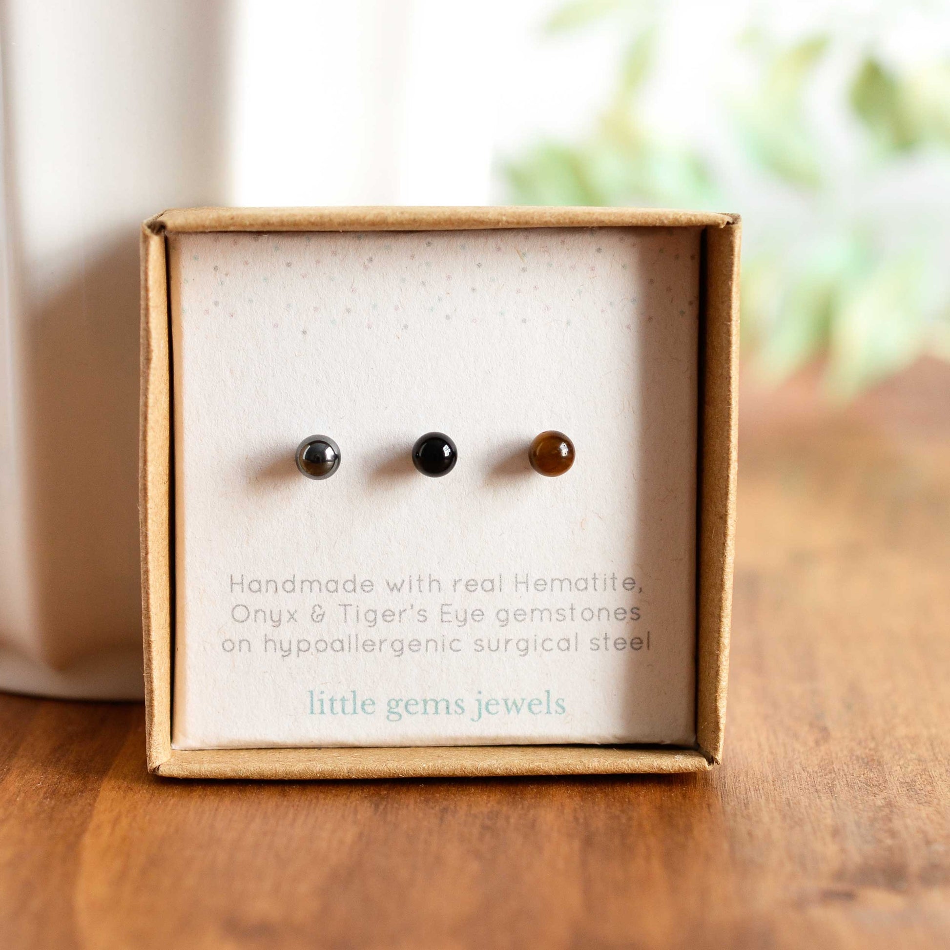 Hematite, Onyx & Tigers Eye single stud earrings in eco friendly gift box