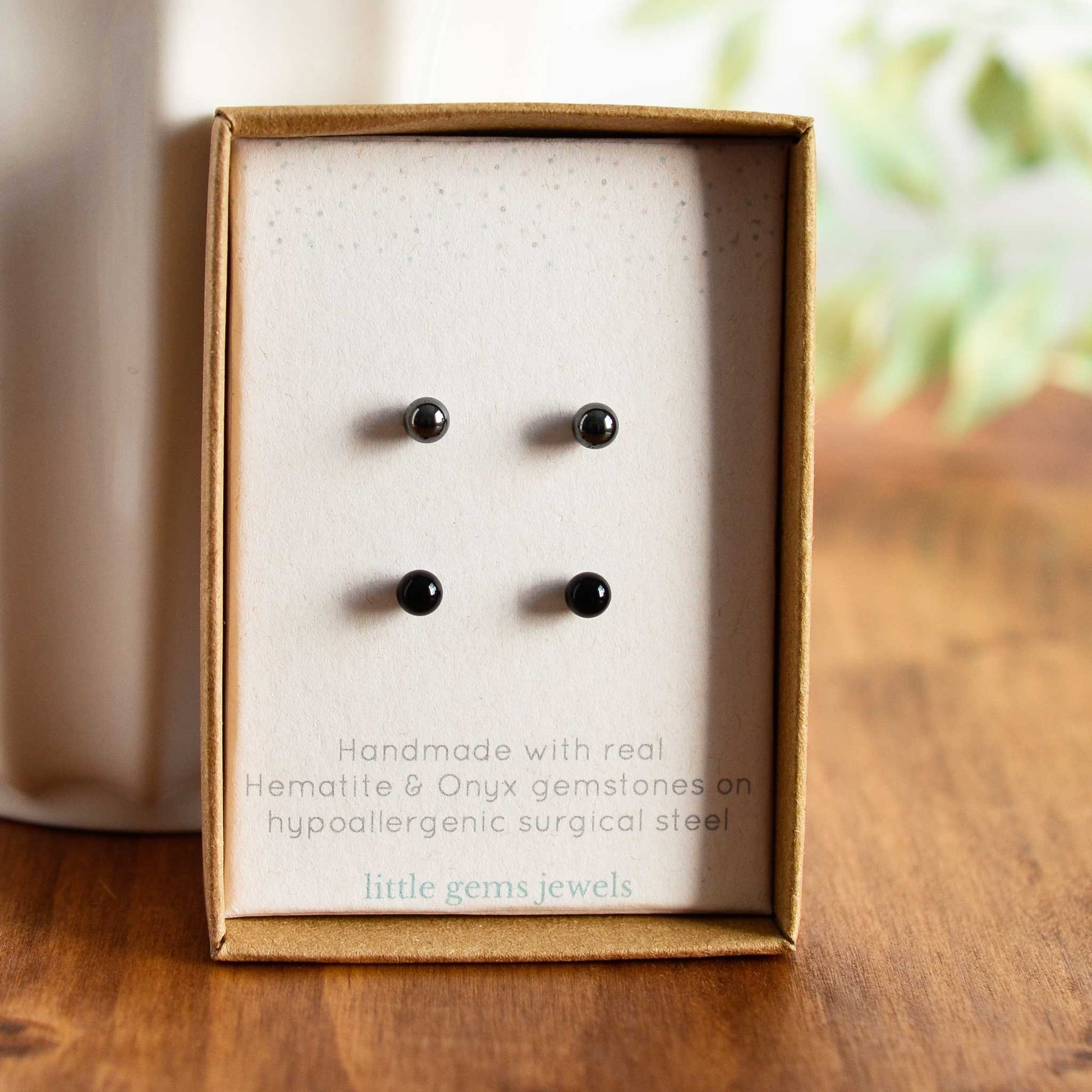 Hematite & Onyx gemstone stud earrings in eco friendly gift box