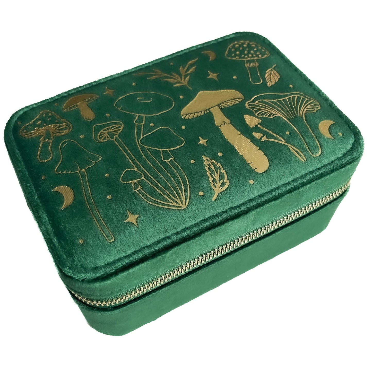 Green jewelry box with gold mushroom illustrations on a white background