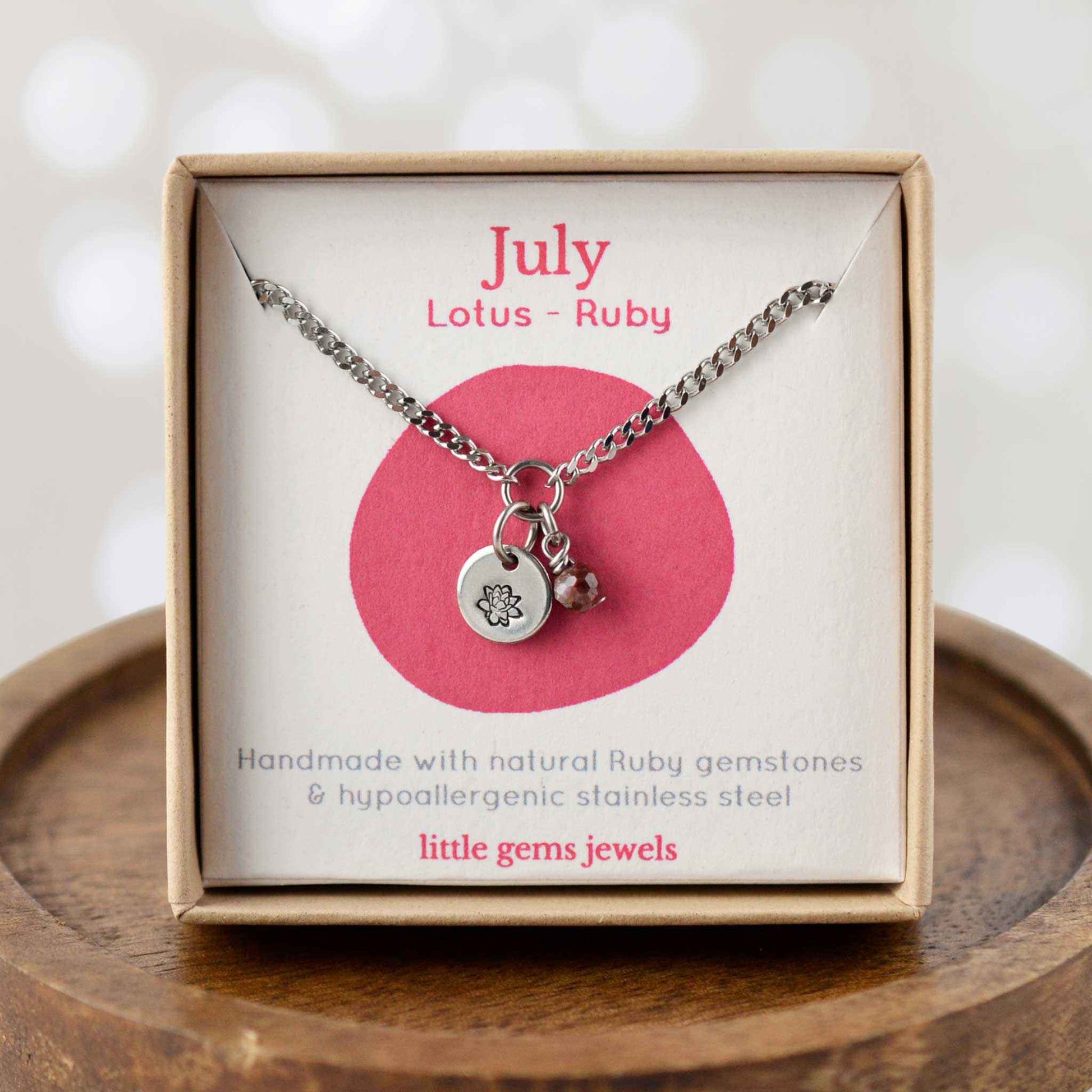 July Lotus Birthflower & Ruby gemstone dainty charm necklace in eco-friendly gift box